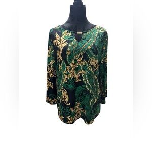 Chico's Green Gold Paisley Scroll Keyhole Top Slit Sleeve Size 2 (Large)